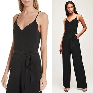 NWT L’AGENCE 70s Black Silk V-Neck Sleeveless Belt Tie Waist Wide Leg Jumpsuit S